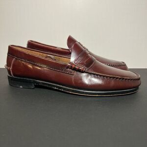 Mens HANDSEWN Cognac Brown Leather Slip On Moccasin Loafers / Size 9.5 Medium